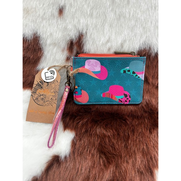 Catchfly Teal Leather Cowgirl Hat Print RFID ID Wallet Keychain Wristlet NWT - Picture 2 of 3
